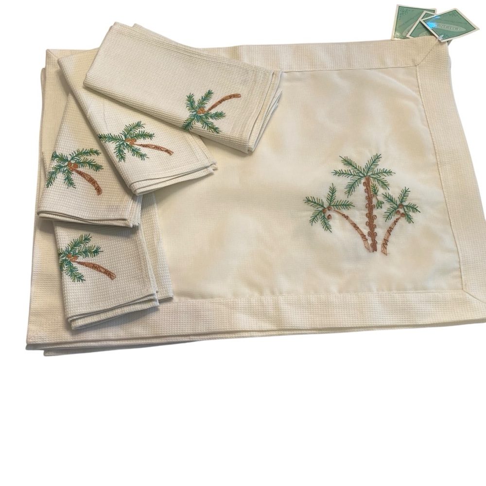 Palm Tree Embroidered Placemat & Napkin Sets Tropical Coastal Decor 4 Sets